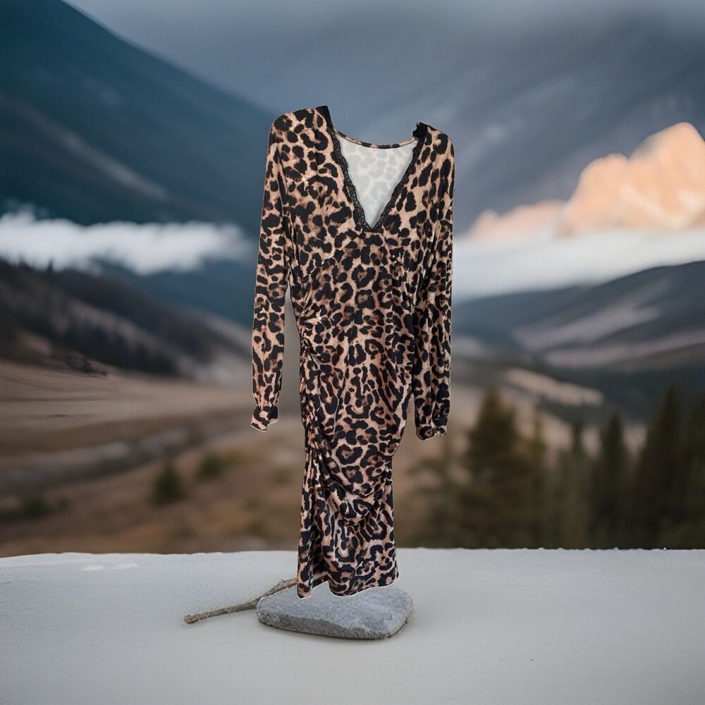 SHEIN Dress XL Leopard Print Fishtail Stretch Back Slit Excellent Condition